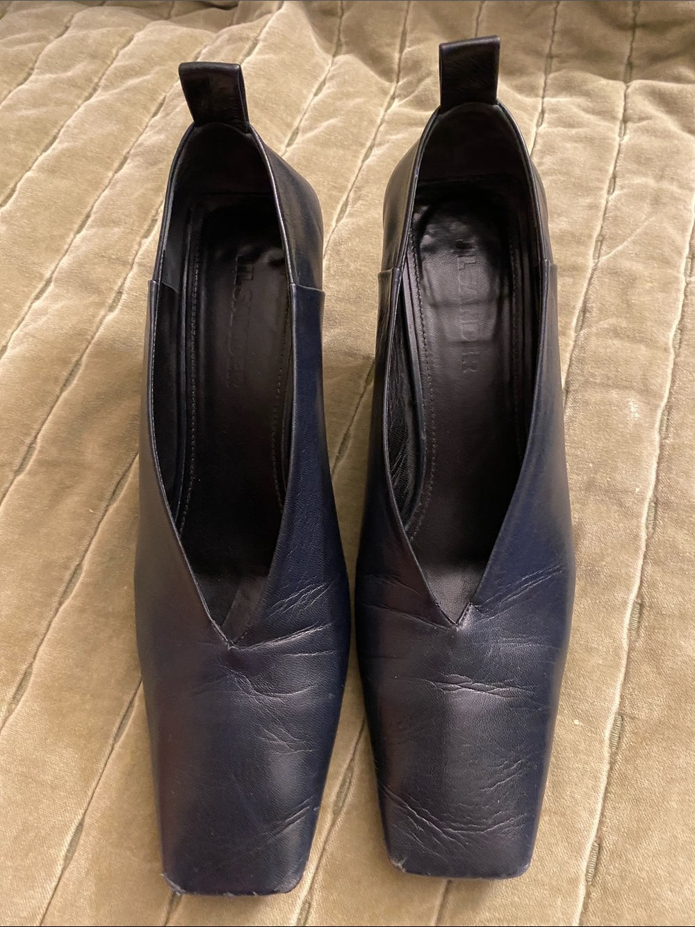 Jil Sander Navy Leather Square-Toe Slip-On Heels